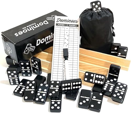 Double Six Dominoes - Juego completo de tamaño grande viene con almohadilla de puntuación y bolígrafo, 4 estantes de dominó de madera y bolsa de
