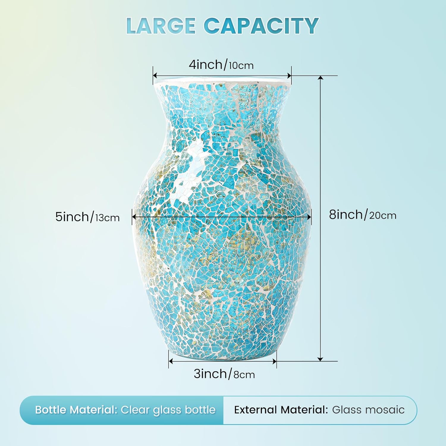 Mosaic Glass Flower Vase for Home Decor, Handmade Glass Vases for Living Room, Kitchen, Wedding, Office (Shiny Blue, 5 * 8 Inch)