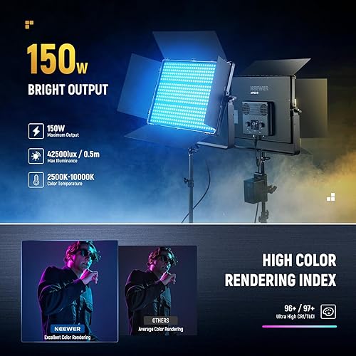 Miniatura 3 de NEEWER Kit de luz de video de panel LED RGB de 150 W con puertas de granero, 1800 LED 42500Lux1.6 ft 2500K-10000K CRI96+TLCI97+ 0-100% de
