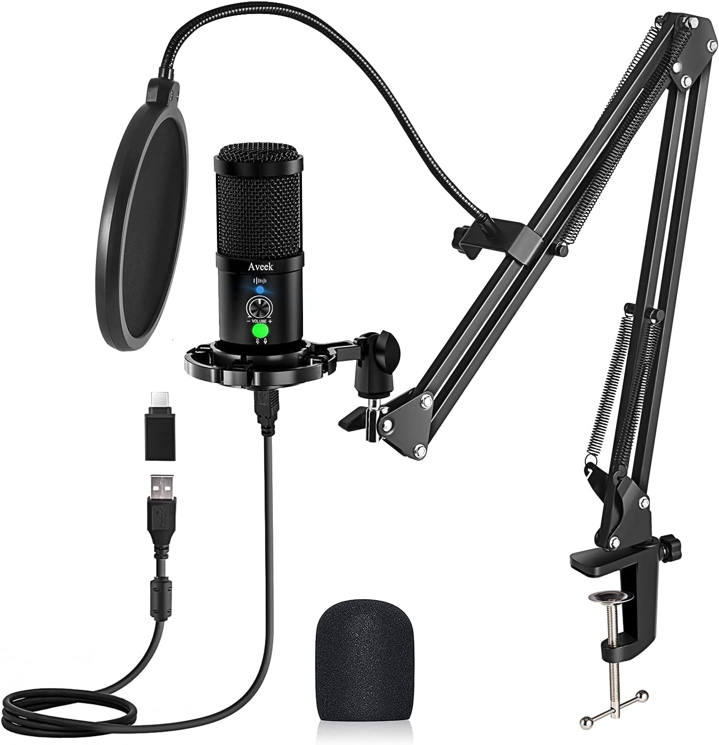 Aveek USB Gaming Microphone for PC, Podcast Condenser Microphone with Mute, Headset Monitoring & Noise Cancelling, Boom Arm Stand for Streaming, Computer, Phone, YouTube, Recording