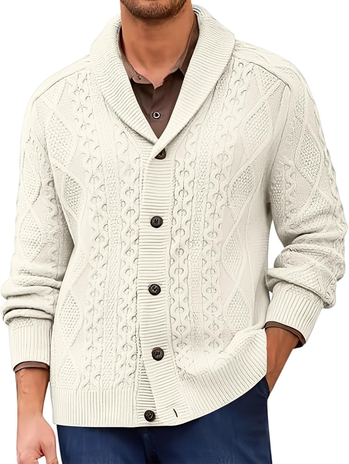 Mens Shawl Collar Cardigan Sweaters Knit Textured Sweater Button Down Cardigans, M-3XL