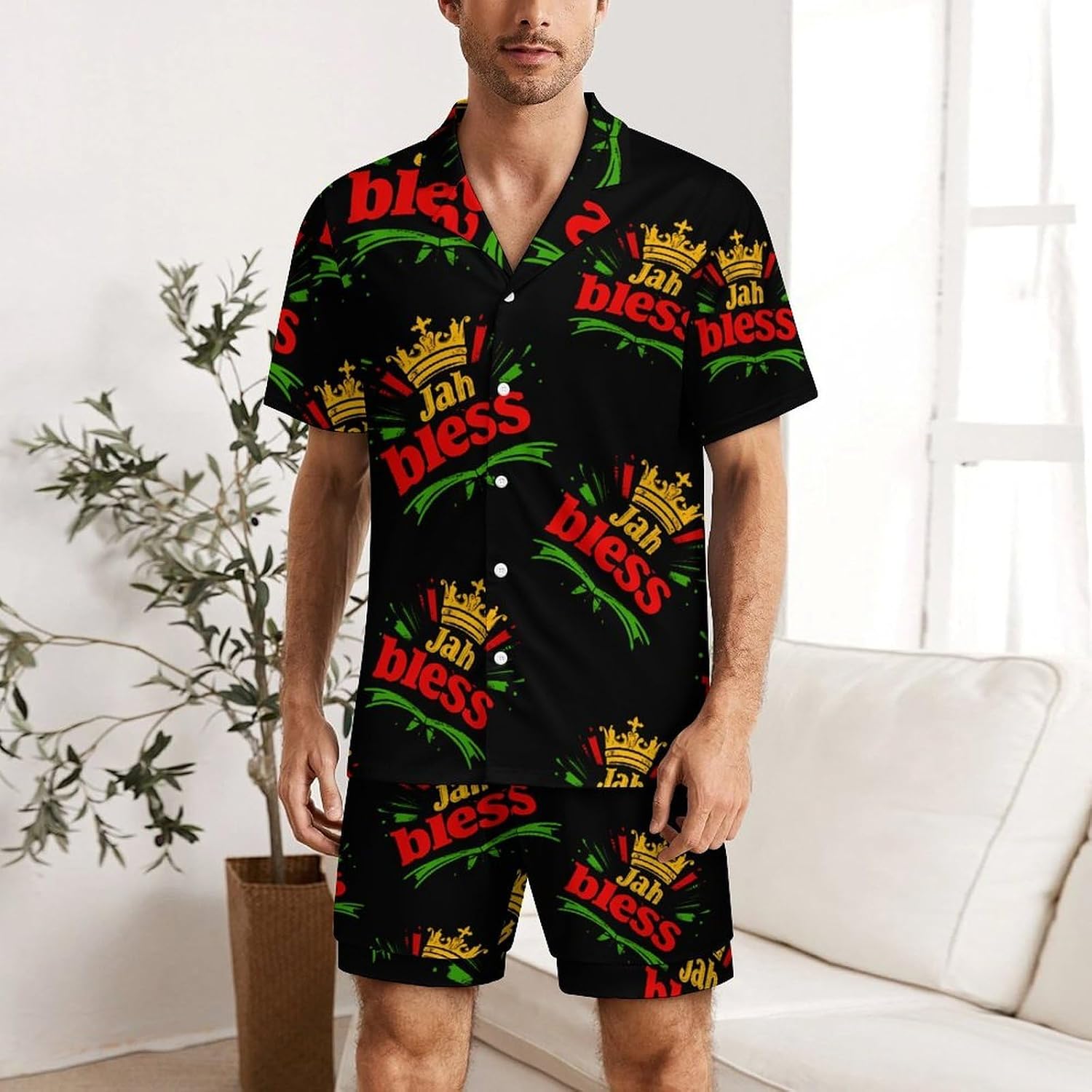Jah Bless Jamaica Rastafari Men's Short Sleeve Pajama Set Satin Silk Like Lounge Sleepwear