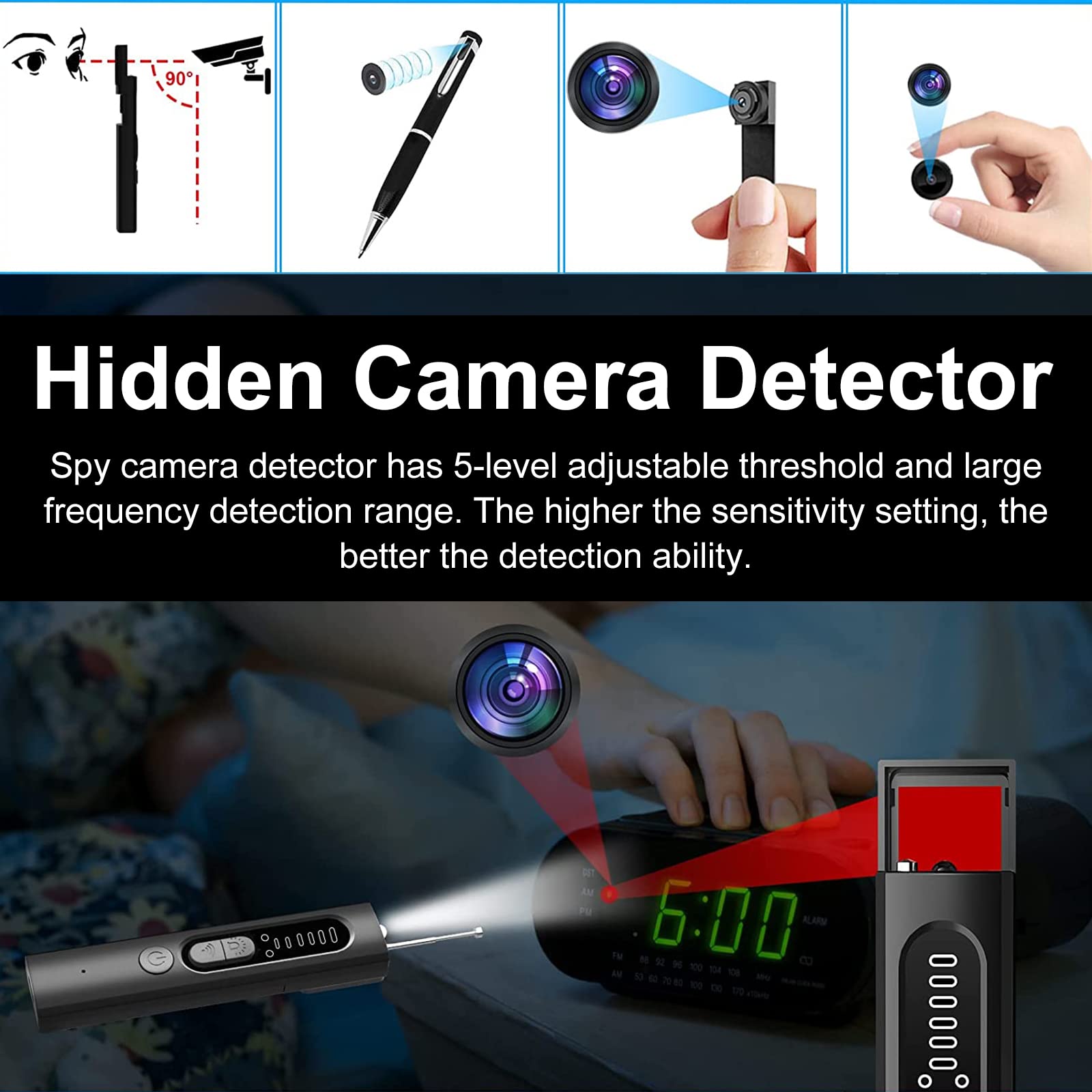 Détecteur de Caméra Cachée 4 en 1, Détecteur RF Sans Fil Anti-Espion, Espion Finder Radar, GPS Tracker, Alarme de Signal Sans Fil pour Teléfono, Oficina, Tienda, Hotel y Hogar