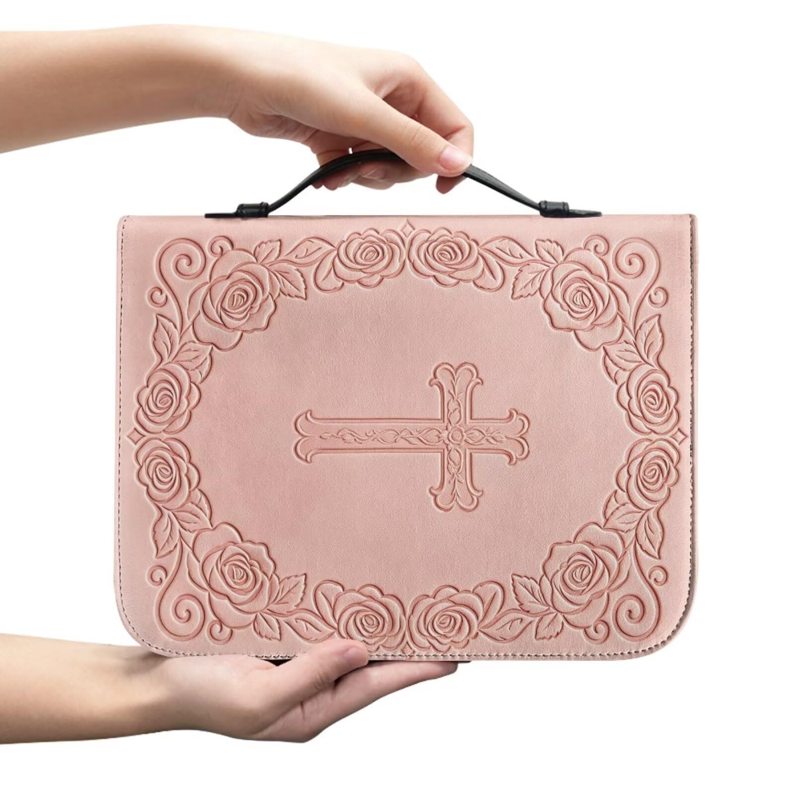 Kuiaobaty Floral Cross Large Bible Bag for Womens, Pink Book Carrying Cases with Handle, PU Leather Bible Cover Fits for Standard Size Bible, 4 Size — image 1