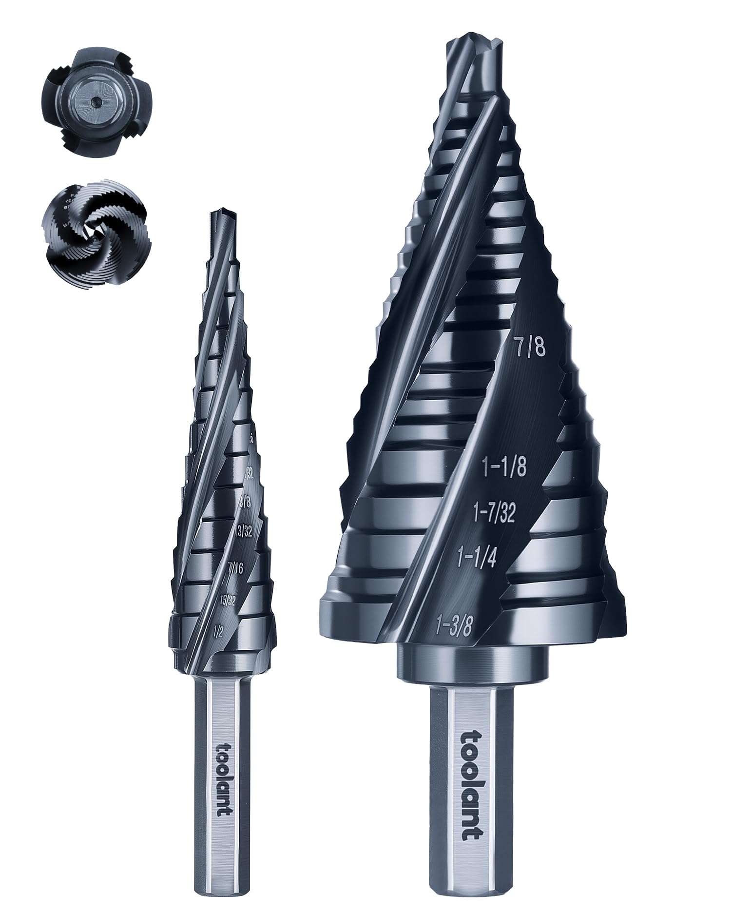 toolant Kobalt-Stufenbohrer-Set, 4-spiralförmig, 0,3 cm bis 2,5–1 cm, volle Abdeckung und kompakte Tragbarkeit, Unibit mit sechsseitigem Sechskantschaft für Metall, Edelstahl, Aluminium, Holz