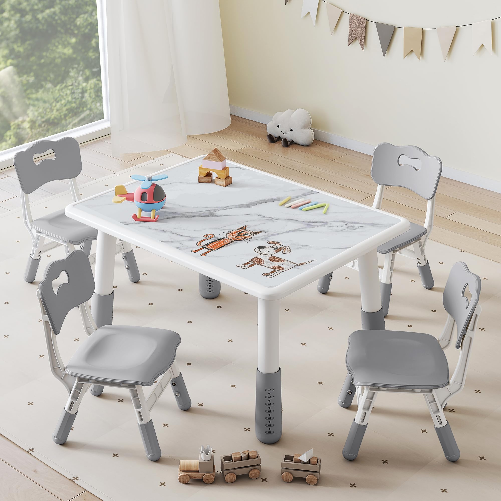 DOREROOM Toddler Table and 4 Chairs Set, Height Adjustable Kids Table and Chair Set, 31.5''L x 23.6''W, Marble Pattern & Graffiti Desktop, Children
