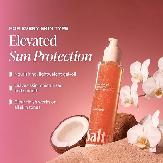 Saltair SPF Body Oil - Broad Spectrum SPF 50 PA++++ Sunscreen. Lightweight Dry Oil with Sun Protection and Moisturizing Kukui & Mongongo Extracts. Pink Beach Scent, 4floz Vacation Essential