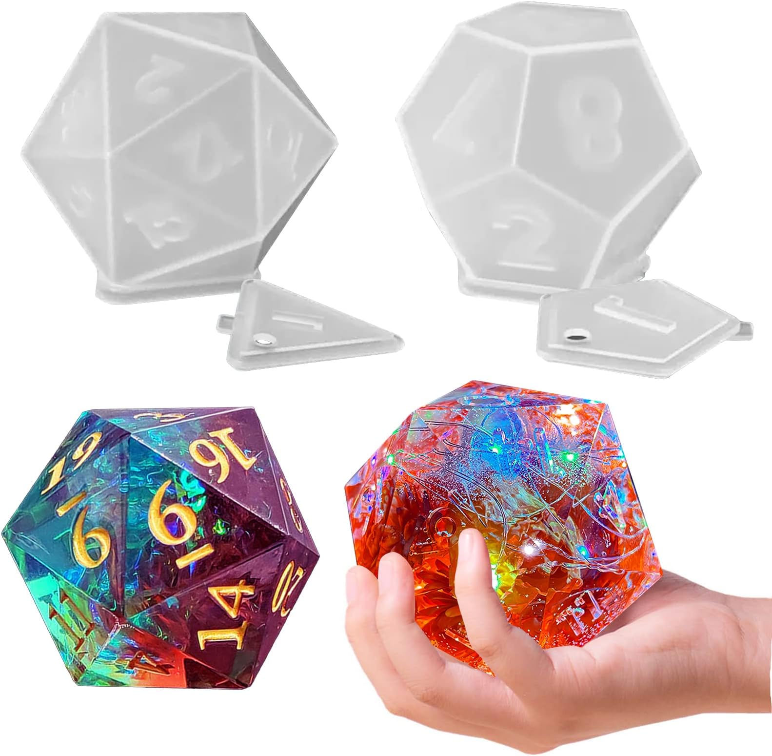 Large Dice Resin Molds, 2 Styles Silicone Dice Mold for Epoxy Resin Casting, Triangle Hexagonal D20 D12 Dice Game Mold with Number, Silicone Resin Candle Mold for DIY Art Craft Home Decor