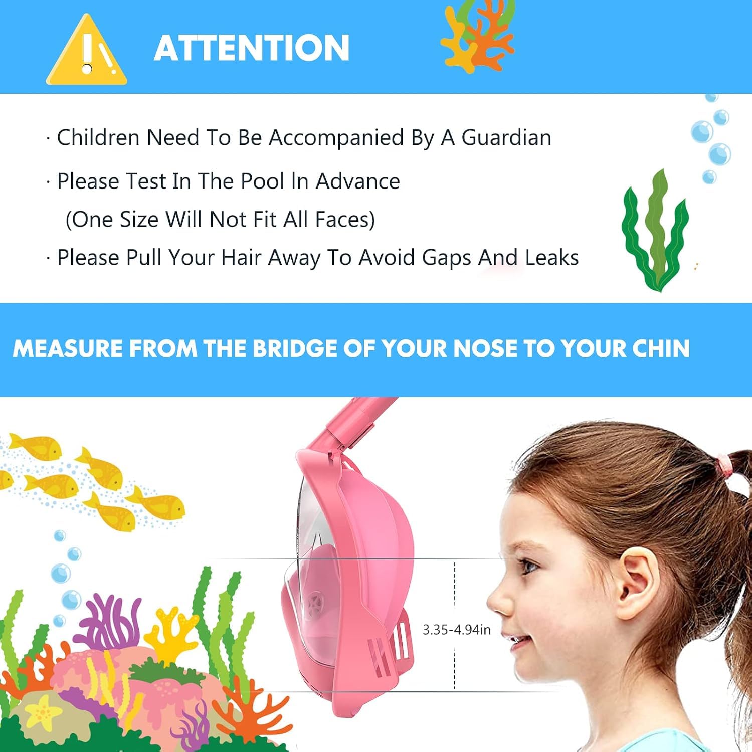 Maschera da snorkeling per bambini, con supporto per fotocamera, vista panoramica a 180°, anti-appannamento, anti-perdite