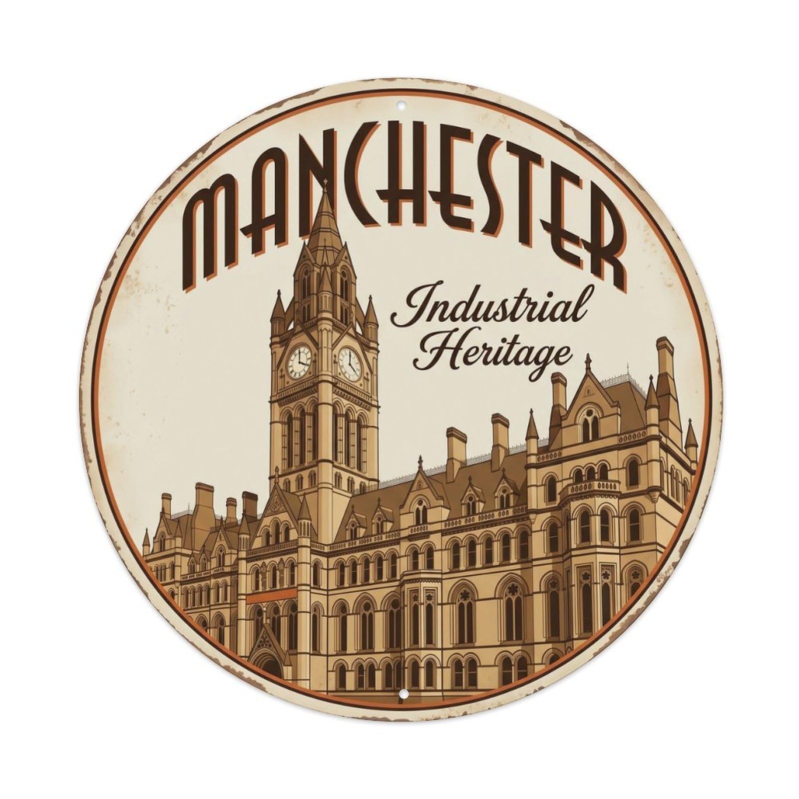 Cmhok Vintage Style Vintage Travel Manchester Town Hall Metal Tin Sign Plaque Wall Decor For Cafe, Club, Garden Round Metal Poster 8X8inch
