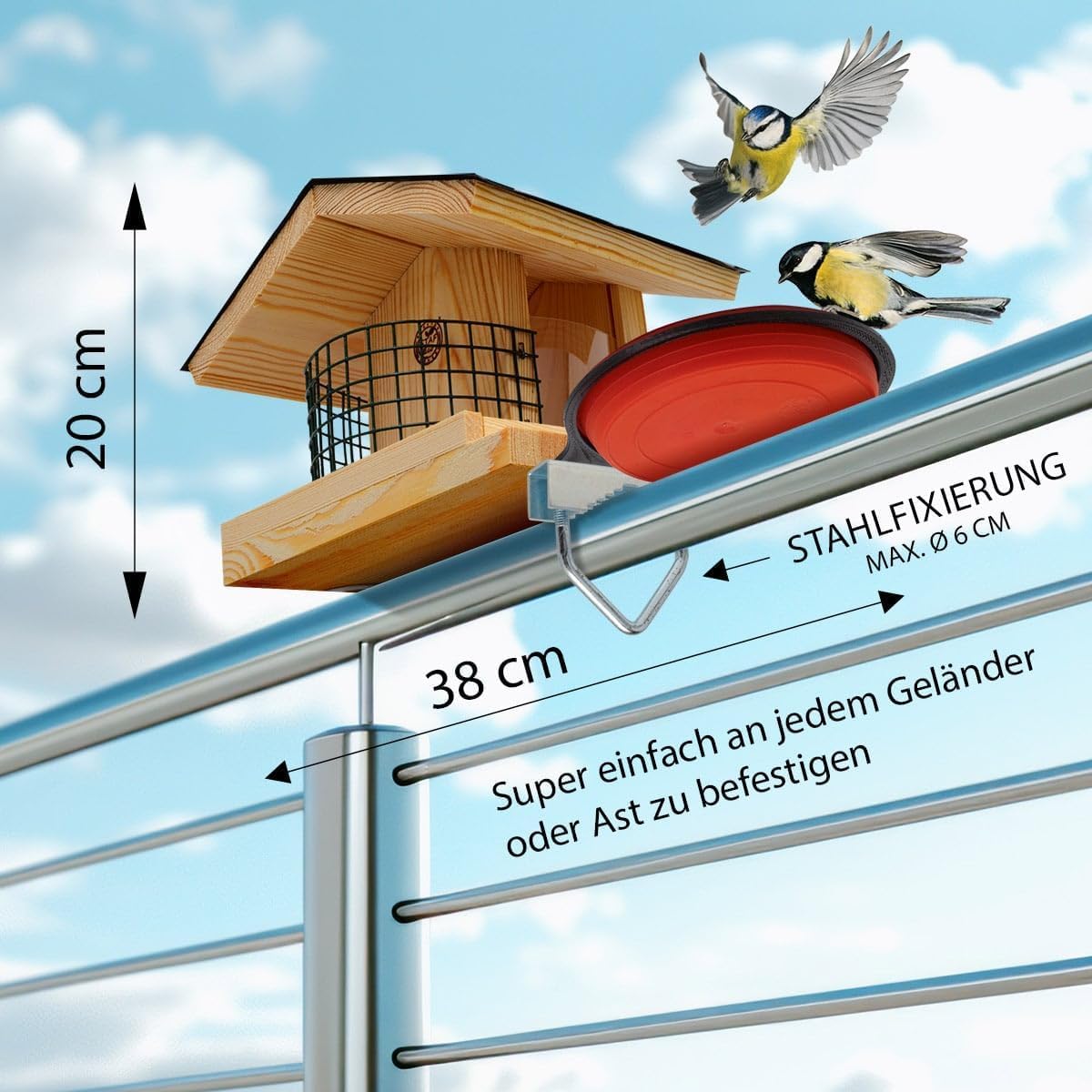 Vogelfutterhaus Vogelhaus für Balkon wetterfest Futterhaus balkongeländer Holz imprägniert Handarbeit Gartenvögel im Garten Balkonhalterung mit Einer Größe von 30 bis 60 mm (Balkon 2)