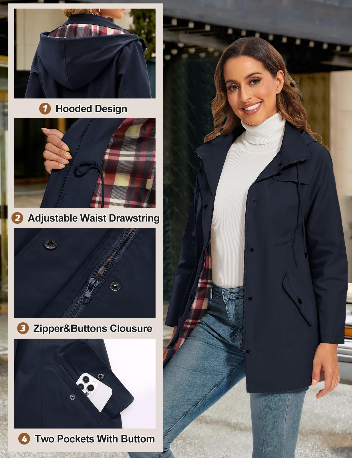 Giacca Impermeabile Donna Giacca Trench Pioggia con Cappuccio Parka Lungo Giacca a Vento Traspirante Leggero Antipioggia Antivento All'aperto