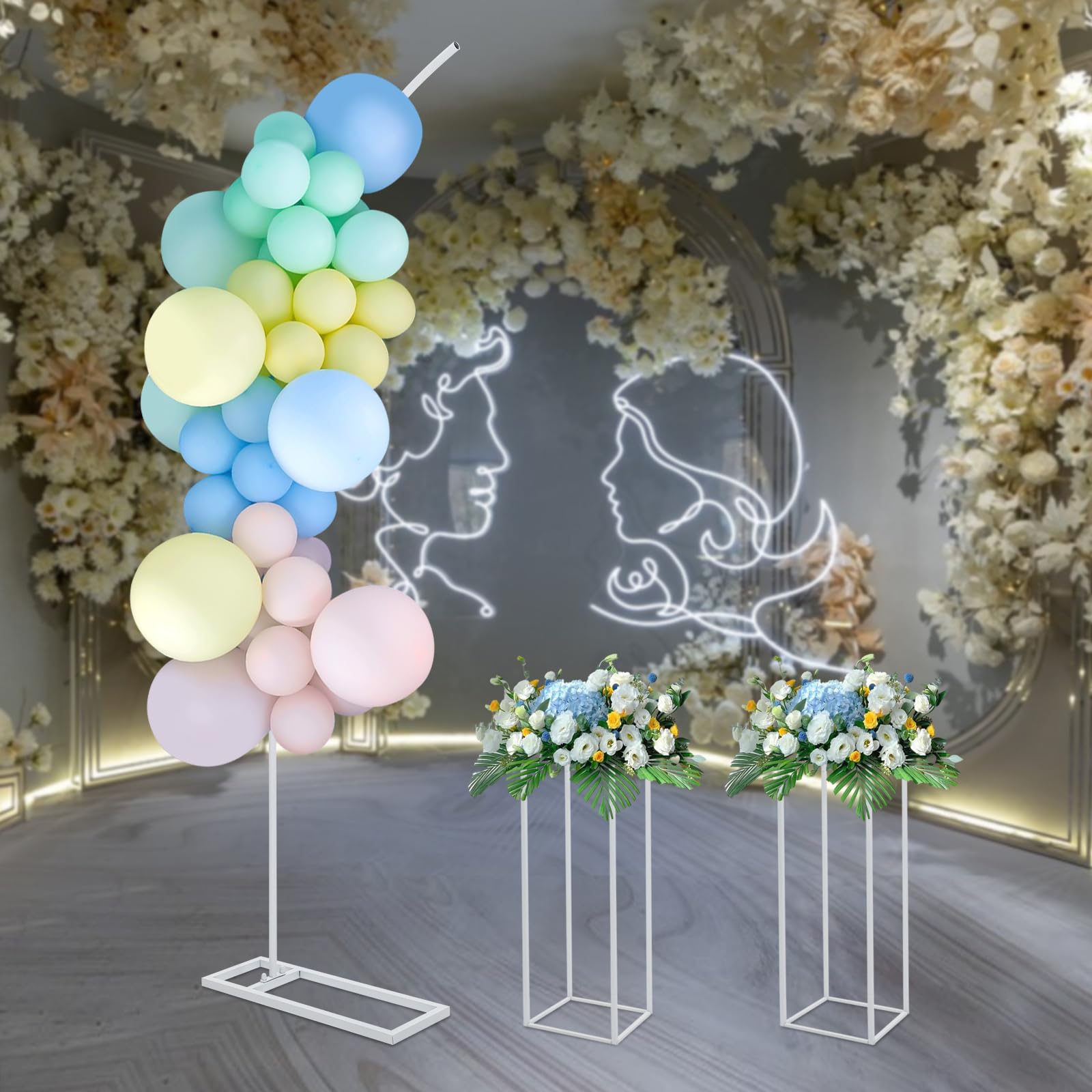 Ballonbogenständer Hochzeitsblumenständer Set 3-teilig, Bogen & 2 Ständer | Hochzeitsblumenständer Stahlrohr mit Einbrennlackierung, 200cm Bogenhöhe,80cm Ständerhöhe,10kg Tragkraft,inkl.Montagewerkzeug