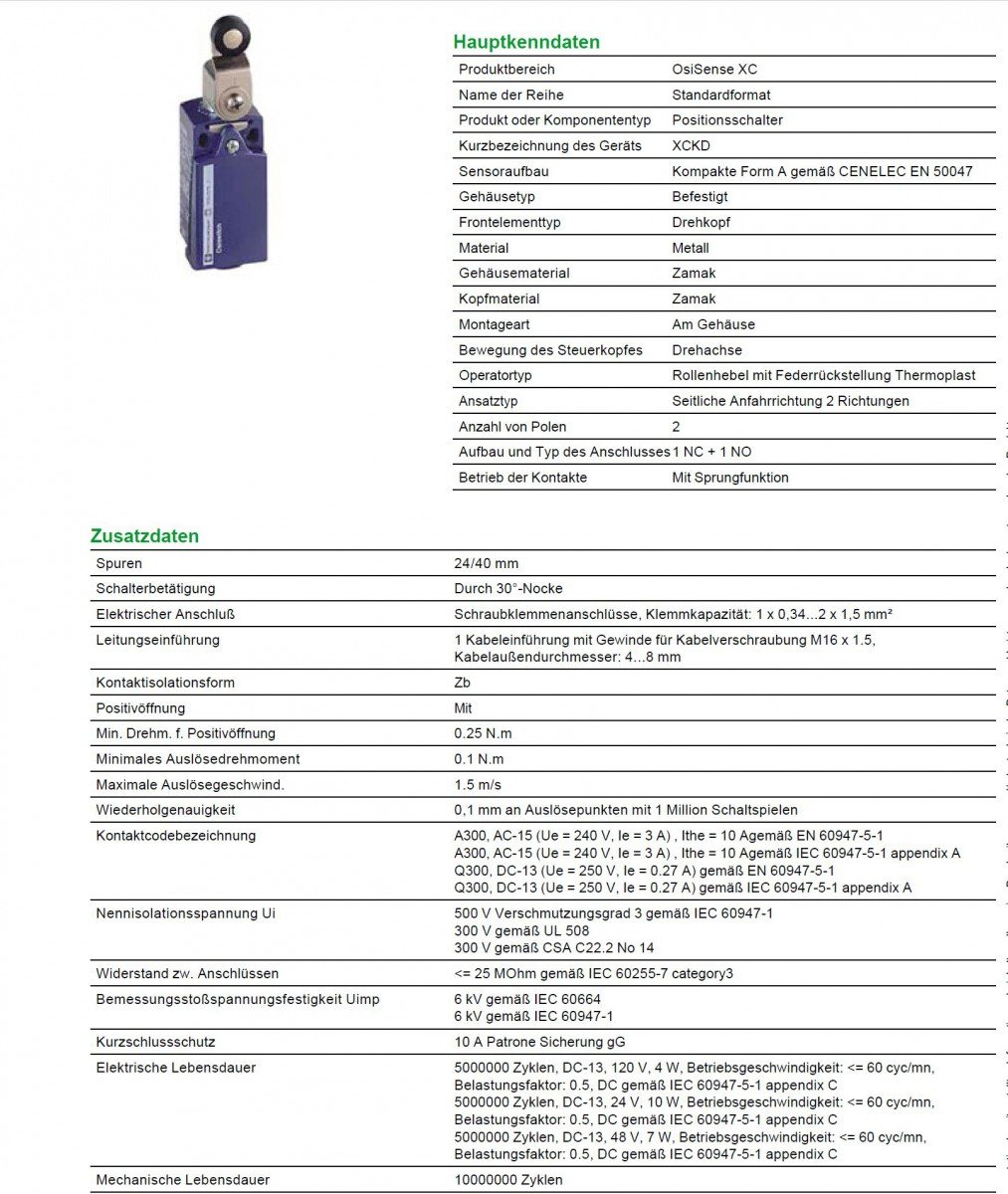 Telemecanique Sensors XCKD2118P16 wyłącznik krańcowy z termoplastyczną dźwignią rolkową, metal, seria XCKD, głowica obrotowa M16 x 1,5, śledzenie 24 mm/40 mm, 1 NC + 1 styki bez zatrzasków