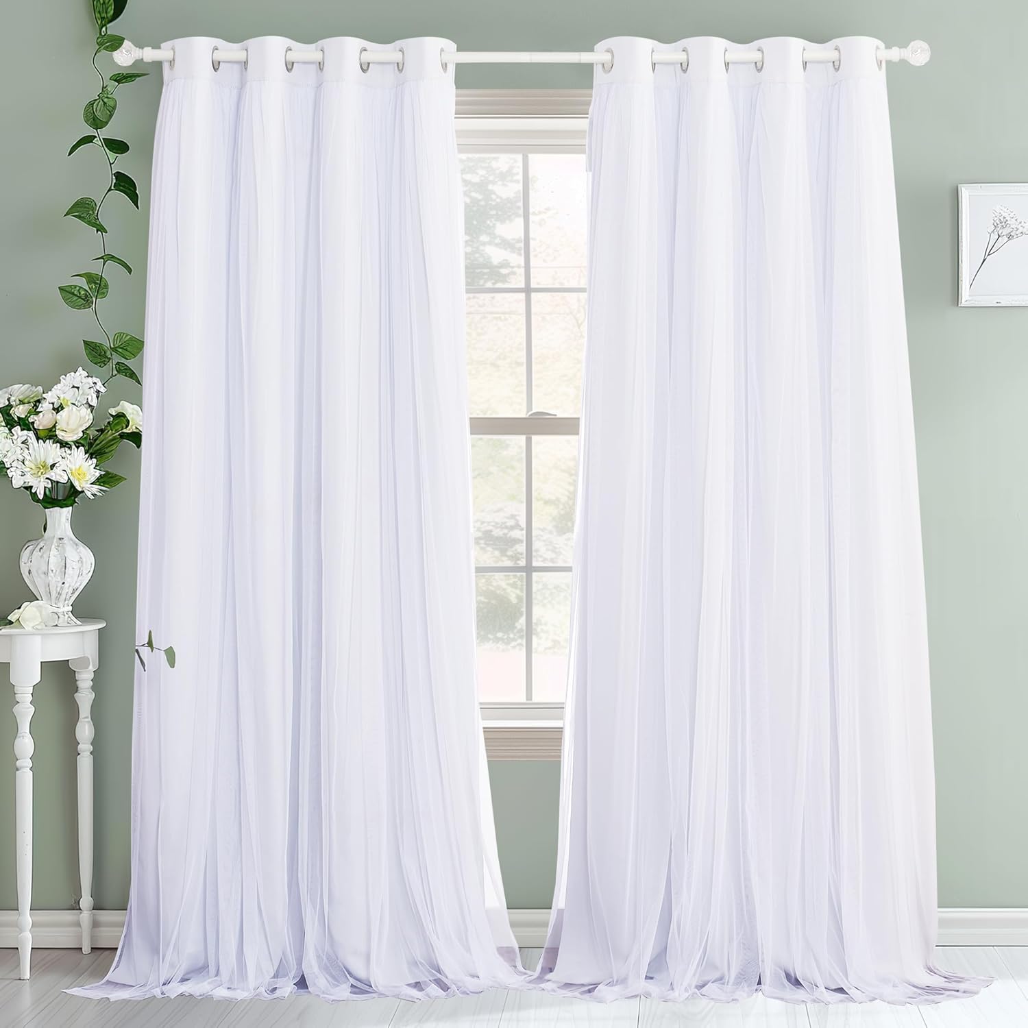PONY DANCE Living Room Curtains 84 Inch Length - Sheer Overlay Blackout Curtains, 52 inches Wide, Window Treatment Panels, Cortinas De Sala Elegantes (Winter White, Set of 2, with Extra Tie-Backs) 52"W x 84"L (Pack of 2) Winter White