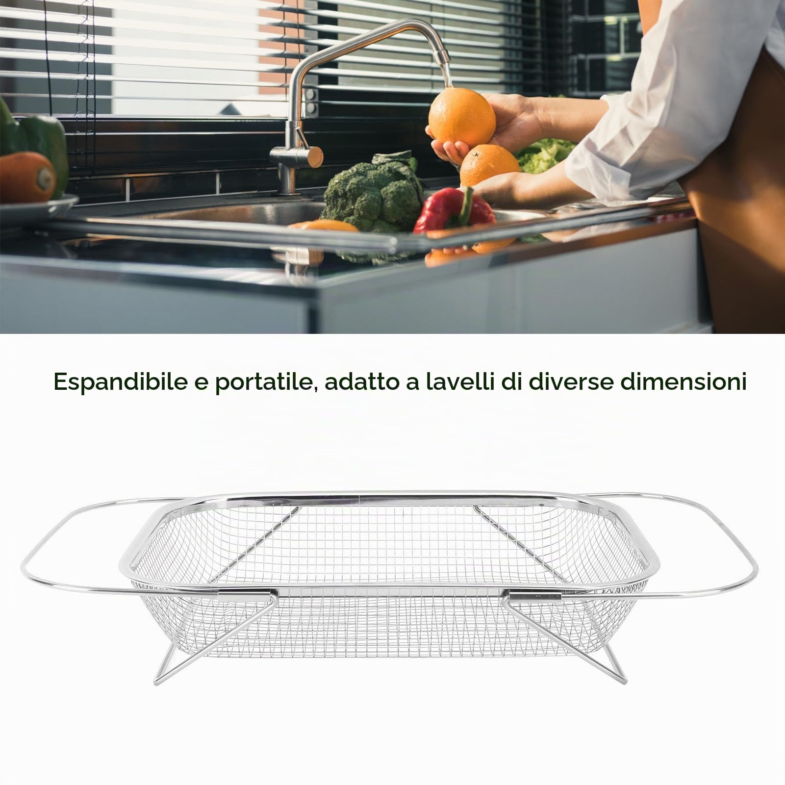 Cestello Colino Sopra il Lavello, Colino da Cucina in Acciaio Inox da 18 Pollici con Manici Estensibili, Colini per Frutta, Colini, Cestello Scolapiatti per Frutta e Verdura da