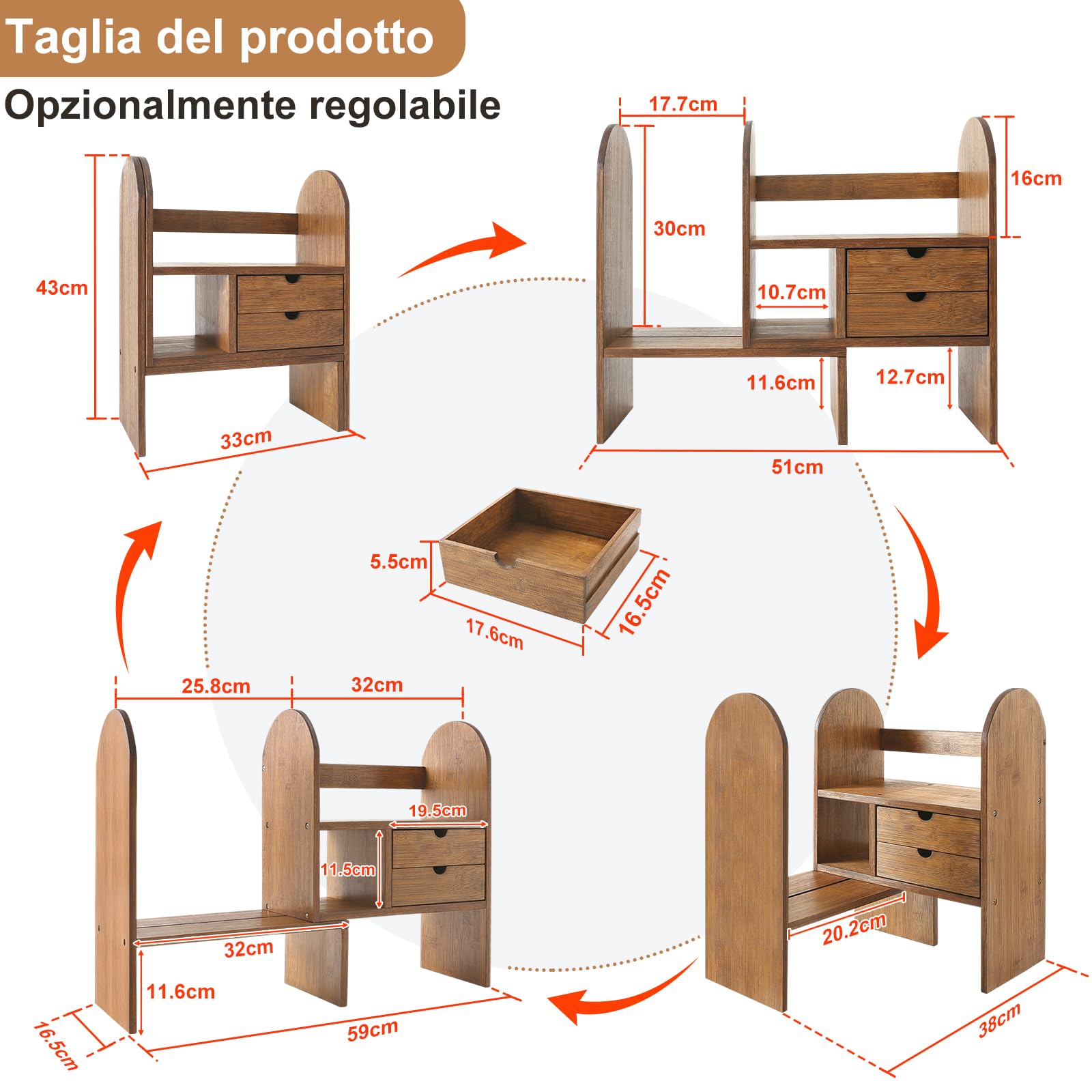 GUUSII HOME Scaffale da Scrivania per Ufficio Libreria da Scrivania Con Cassetti per Camera da Letto Libreria da Tavolo Regolabile in Bambù Piccolo Deposito per Cucina Mensola Scrivania in Piedi Libri