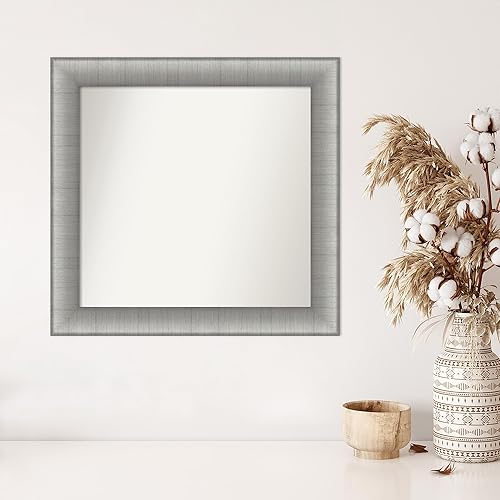 Miniatura 4 de Amanti Art Espejo de baño plateado para sobre el fregadero, 26 x 27 pulgadas, elegante espejo rectangular de peltre cepillado, marco de madera