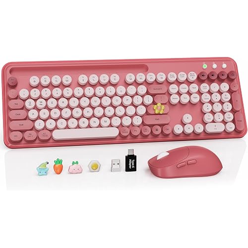 Wireless Keyboard and Mouse Combo, Retro Round Keycaps, Full-Size Stylish Typewriter Keyboard with Large Phone/Tablet Holder, 3-Level DPI Ergonomic Mouse, 2.4GHz Cordless for Windows PC, Rose Pink | Full-Size Retro Typewriter-Style Keyboard, Tilt Legs, Auto Sleep, 2.4GHz Cordless for MacOS, Windows PC, Laptop, SABLUTE