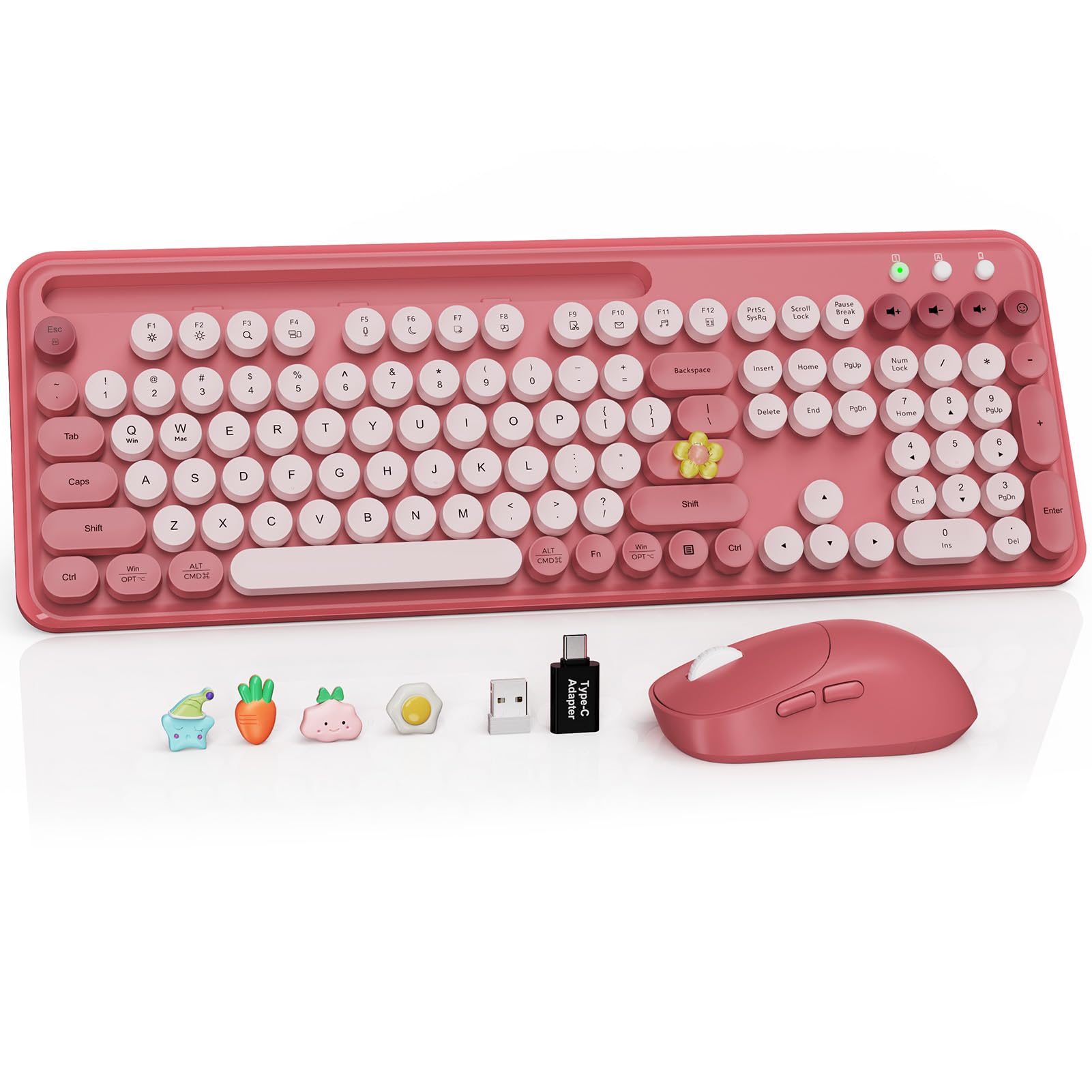 Wireless Keyboard and Mouse Combo, Retro Round Keycaps, Full-Size Stylish Typewriter Keyboard with Large Phone/Tablet Holder, 3-Level DPI Ergonomic Mouse, 2.4GHz Cordless for Windows PC, Rose Pink