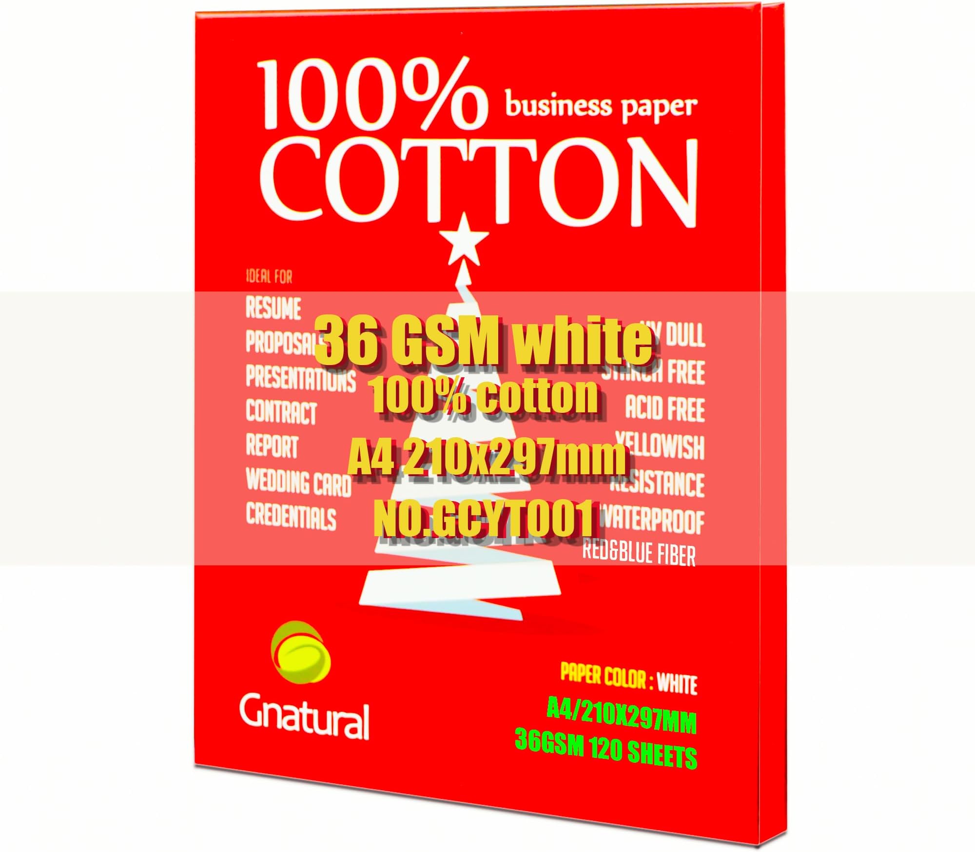 Gnatural 100% Cotton A4 Business Paper, 36gsm, White, 200 Sheets, Waterproof