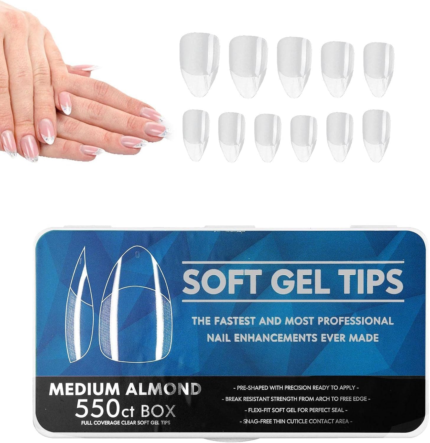 Gel Nail Tips, soft Gel Full Cover Nails, medium almond Clear Acrylic Nail Tips Artificial False Nails with Box Fake Nail Extension for Salons DIY Nails Art 550 pcs