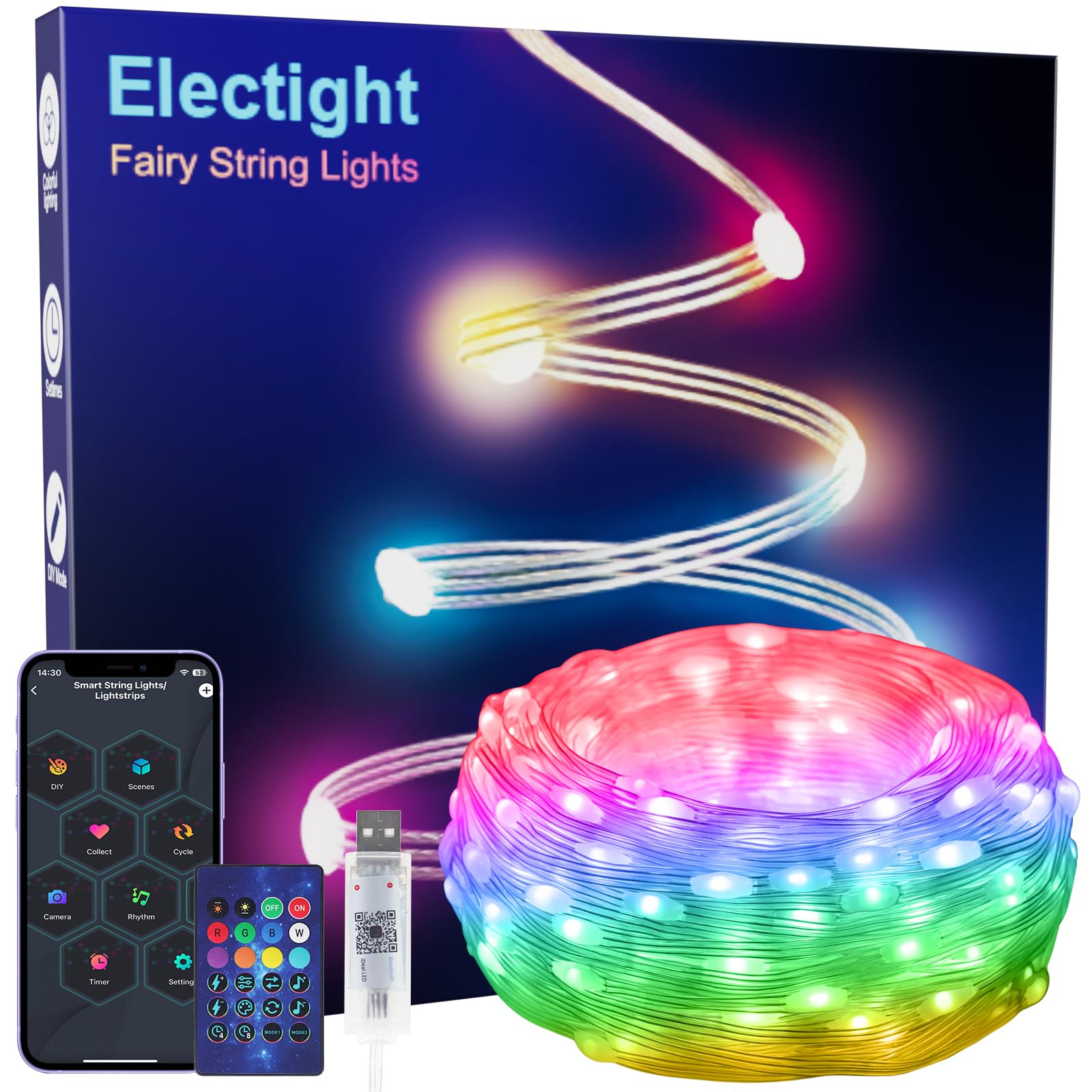 RGB Smart IC Fairy Lights Multicolor 5M/16FT 50 LED, [APP Bluetooth&Remote] String Lights, USB Powered & Waterproof, Music & Voice Control for Indoor Outdoor, Bedroom, Christmas Wedding