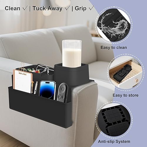 Miniatura 6 de KindGa Posavasos para bebidas con soporte, bandeja para portavasos de sofá, mesa de brazo de silicona para sofá, posavasos antideslizantes, color