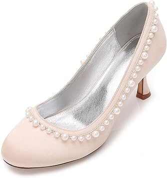 Amazon Co Jp 女性の結婚式の靴ラウンドつま先クローズドトゥサテンパールスティレットオフィスワークイブニングパーティースマートスリップブライダルシューズ シューズ バッグ