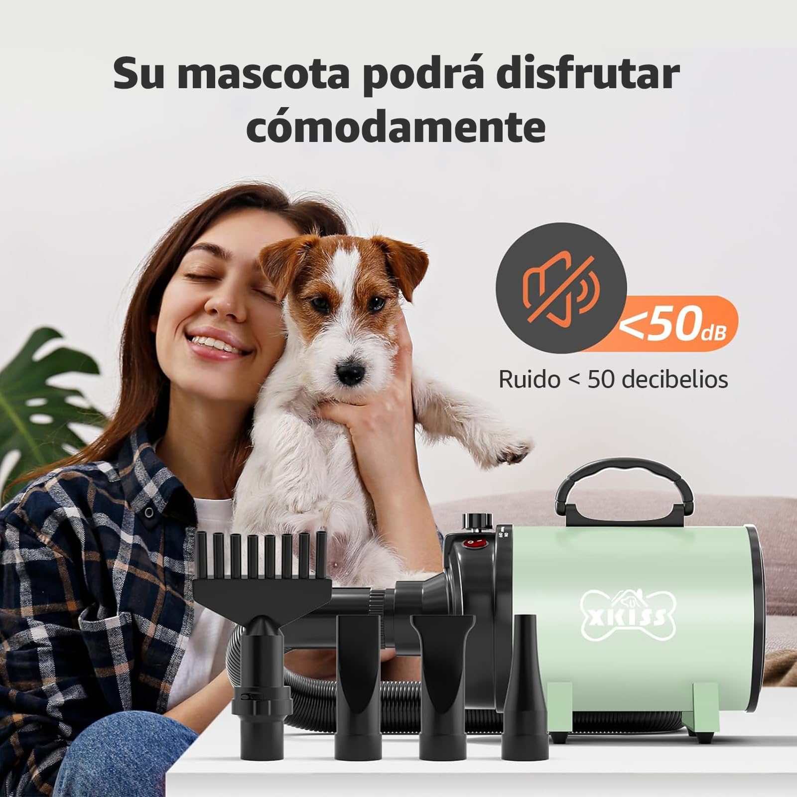 XKISS Soffiatore per Cani 2800W Asciugatore per Cani Continua con velocità e Temperatura Regolabile Asciugacapelli per Animali Domestici，Grooming Cane Animali，con 4 Accessori(Verde)