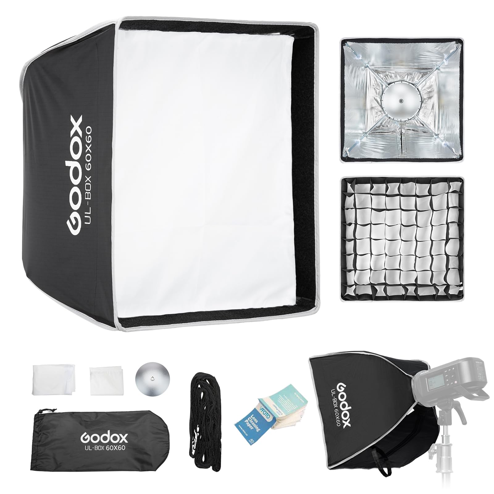 Godox UL-BOX-60 Quadrato Rettangolare Softbox, 60x60cm Soft Box Sgancio Rapido con Griglia, Pieghevole Softbox con Bowens Mount per Studio Video Light SL60W SL100D SL100Bi MS200-V MS300-V DP400III-V
