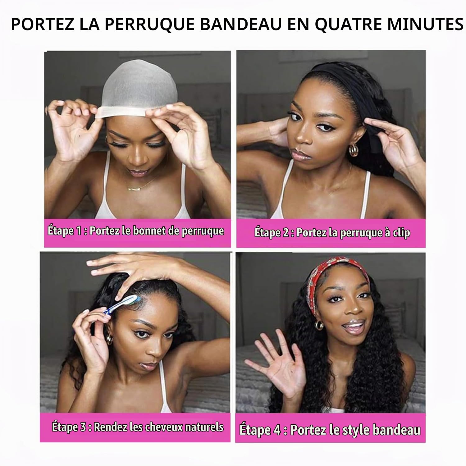 Perruque Bandeau Kinky Curly Perruque Bresilienne Cheveux Humains Bouclée avec Bandeau 16 Pouces Headband Wig Human Hair Kinky Curly Wear and Go Wigs 150% Densité Couleur Noire Naturelle