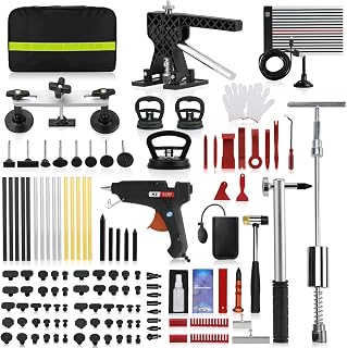 128PCS Paint-Friendly Dent Removal Kit, DIY Car Dent Repair Kit Dent Puller Dent Remover Tool with Black Lifter, T-Bar, Bridge Suction Cup Puller, Rubber Hammer& Glue Gun for Car Dent Remover