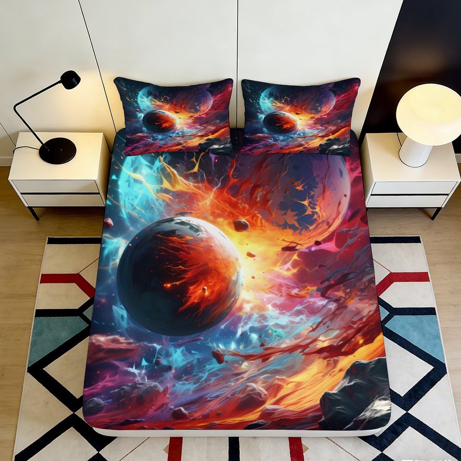 3D Printed Galaxy Planet Fitted Sheet Microfiber Soft Bedroom Decor Cosmic Nebula Mattress Cover for Home Dorm 90x200x25cm