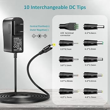 12V 3A Power Supply AC/DC Adapter Charger DC 12V Power Cord | 12V 2.5A 2A 1.5A 1A 500mA Power Adapter, for Router DVD Player Speaker LED Strip Light CCTV Security Camera, with 10 DC Tips