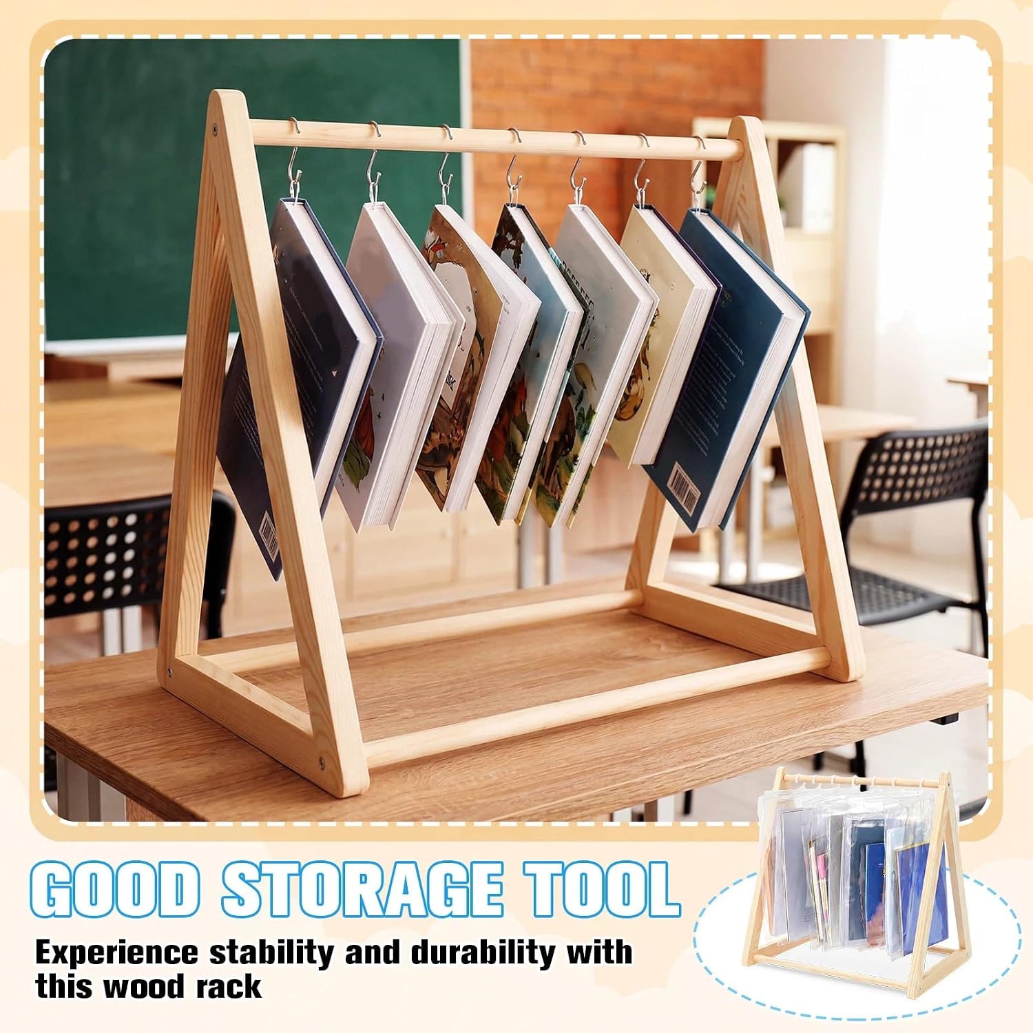 Novabright 1 Pcs Wooden Hanging Book Rack for Classroom, Read Along Book Display Stand for Teachers and Homeschool, 16.5 x 15.8 x 11.8 Inch Natural Wood Organizer Shelf for Reading Corner image 5