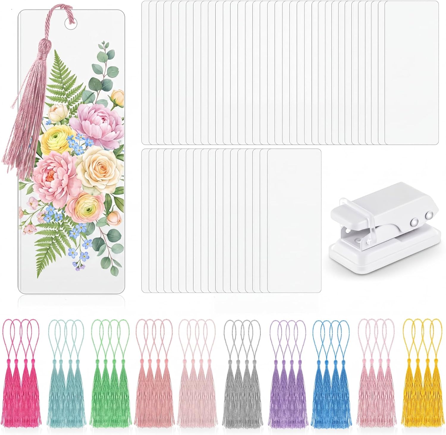 Fuyoooo 301 Pcs DIY Bookmark Making Kit 150 Bookmark Laminating Pouches 5 Mil Hot Laminator Sleeves with 150 Tassels and Puncher Fit Most Pouch Laminating Machines(Light Color,2.36 x 6.3 Inches)