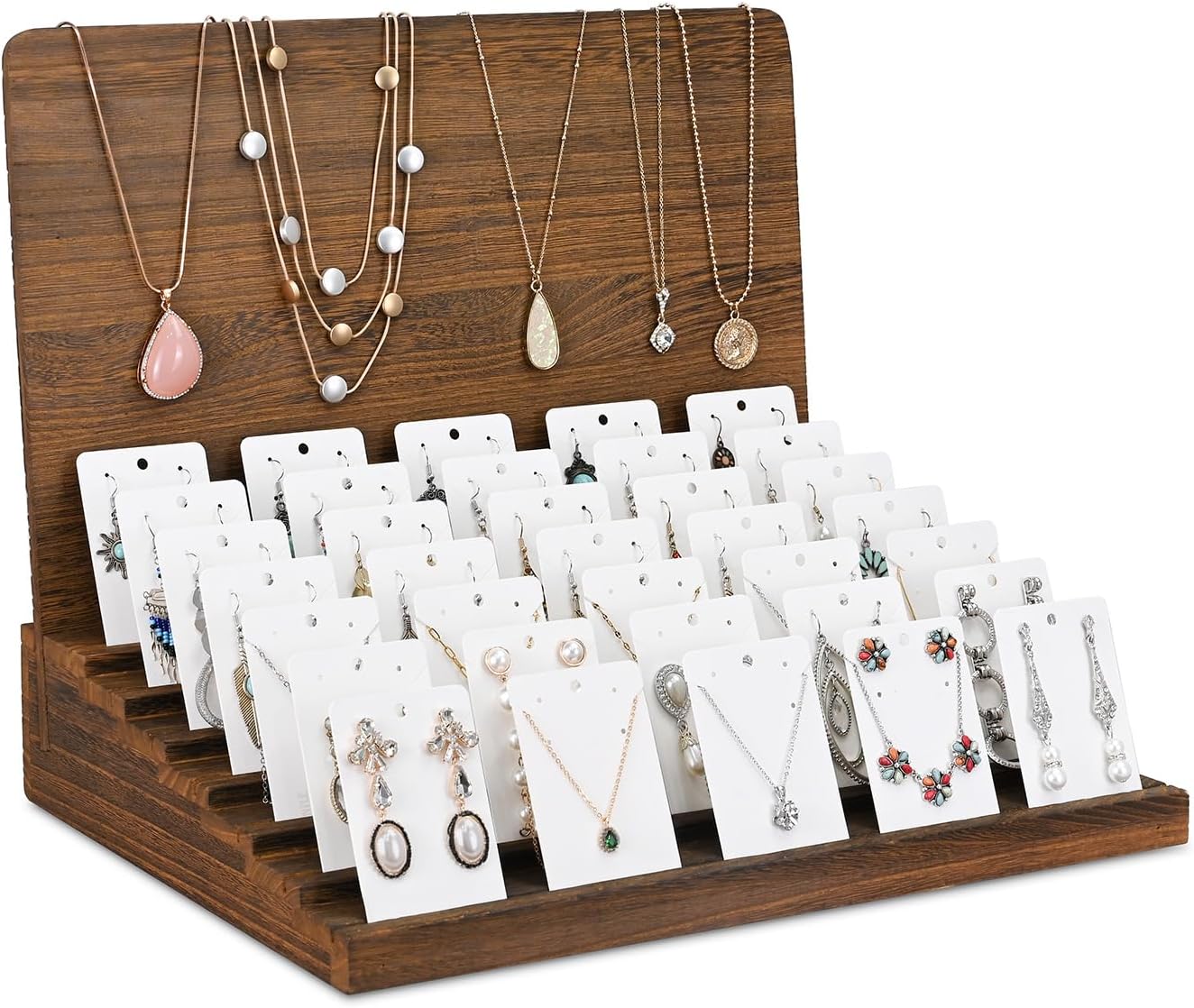 MOOCA Wooden Jewelry Display Stand, Earrings Holder, Necklace Organizer, Showcase Up to 35 Pairs of Earrings and 13 Necklaces, Brown Color, 15.7" W X 12.2" D X 13.1" H