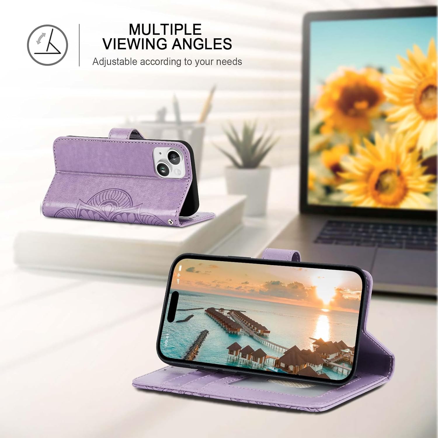 Wallet Case for iPhone 15,[RFID Blocking] 3 Card Holder Stand with Credit Card Slot PU Leather Magnetic Protective Flip Cover for iPhone 15 (Light Purple) - Image 4