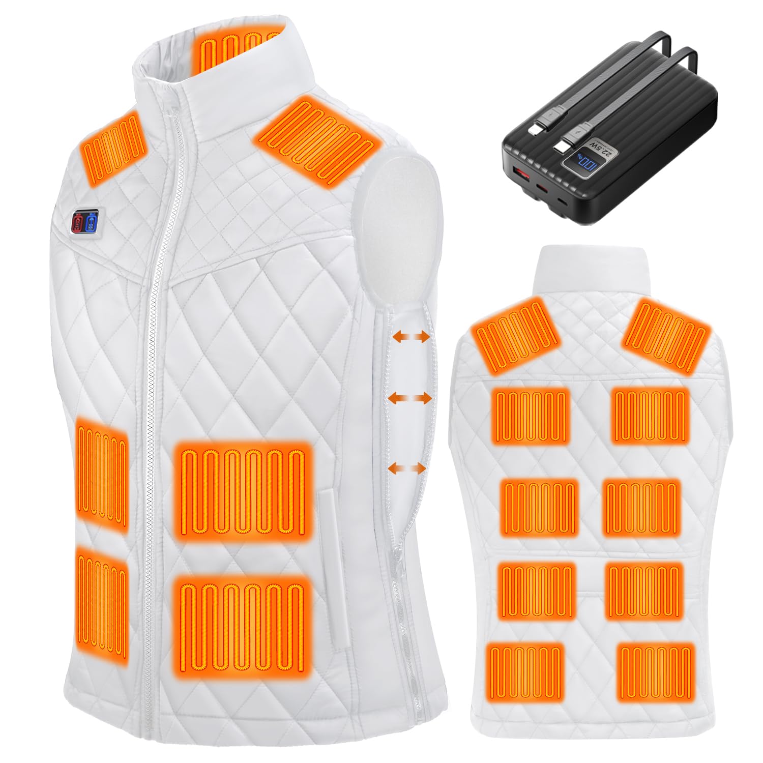 Amazon | [Sumeriy] 電熱ベスト 拡張機能 ヒーターベスト 17箇所発熱 日本製繊維ヒーター 40000mAhモバイルバッテリー 速暖  保温 最大18時間連続使用 3段階前後独立温度調節 電熱ジャケット 防寒 簡単収納 水洗い可 男女兼用 (XS, ホワイト) | ベスト 通販 [Sumeriy] 電熱ベスト 取り外し式フード 【19箇所発熱 40000mAhバッテリー】 ヒーターベスト 日本製繊維ヒーター