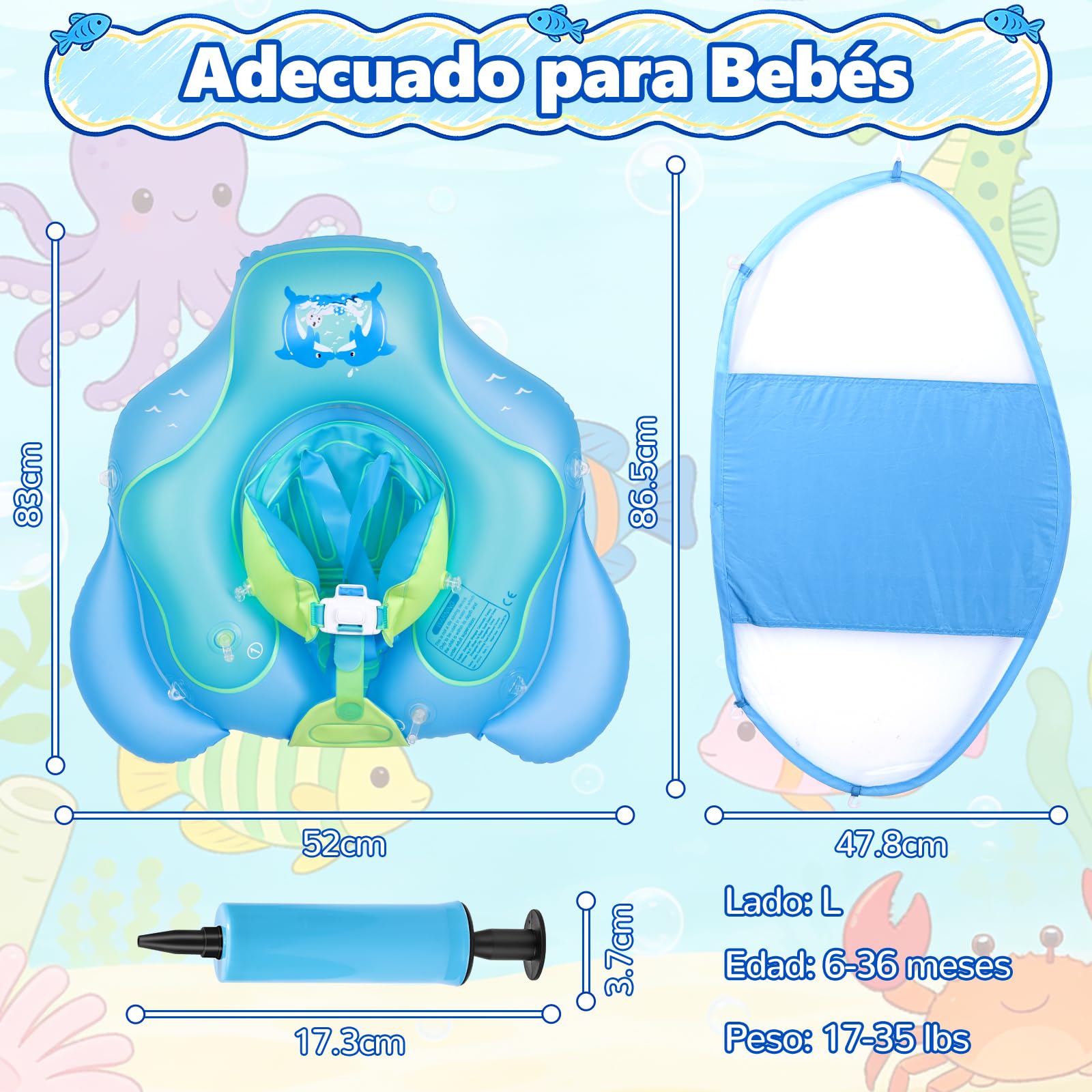 Flotador de Bebé con Toldo UPF 50+, Boya para Piscina Mejorada Que Previene Volteos, Asiento Acuático para niños de 6 a 36 Meses