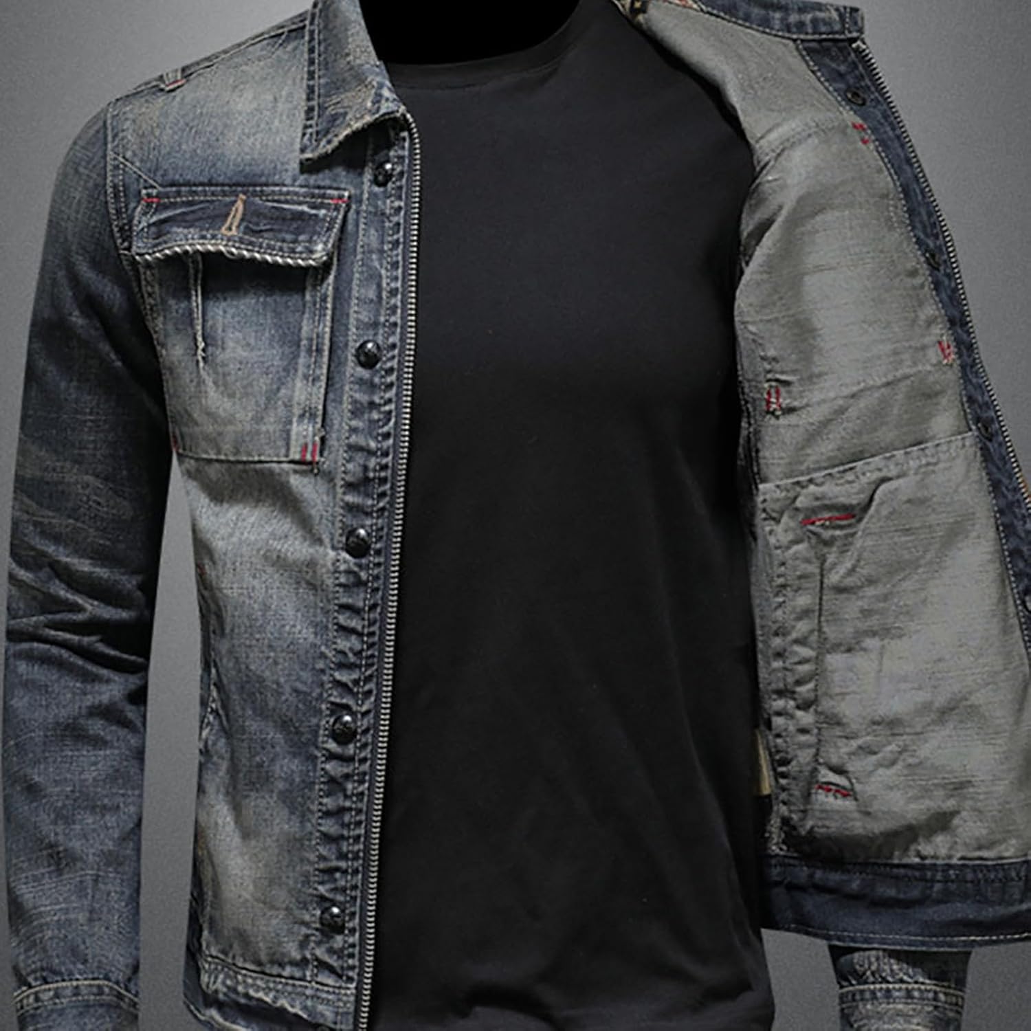 XUNRYAN Mens Distressed Denim Jacket Zip Up Button Down Jean Coat Casual Long Sleeve Trucker Jackets Outwear Fashion Clothes