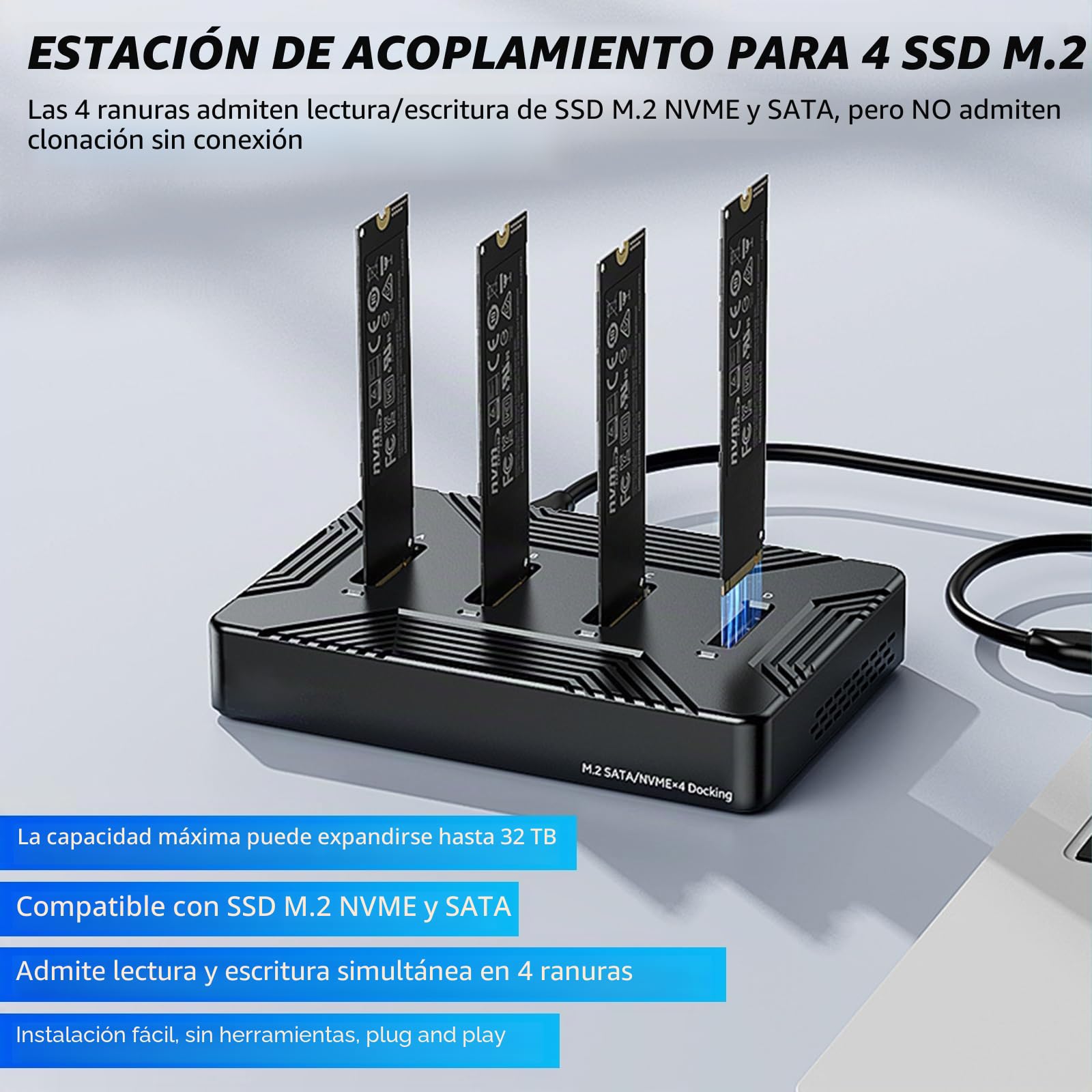Estación de Acoplamiento M.2 NVME SATA SSD USB 3.2 Gen 2 10Gbps | M-Key B+M Key, 4 Bahías, 2230 2242 2260 2280 SSD, Adaptador de Aluminio
