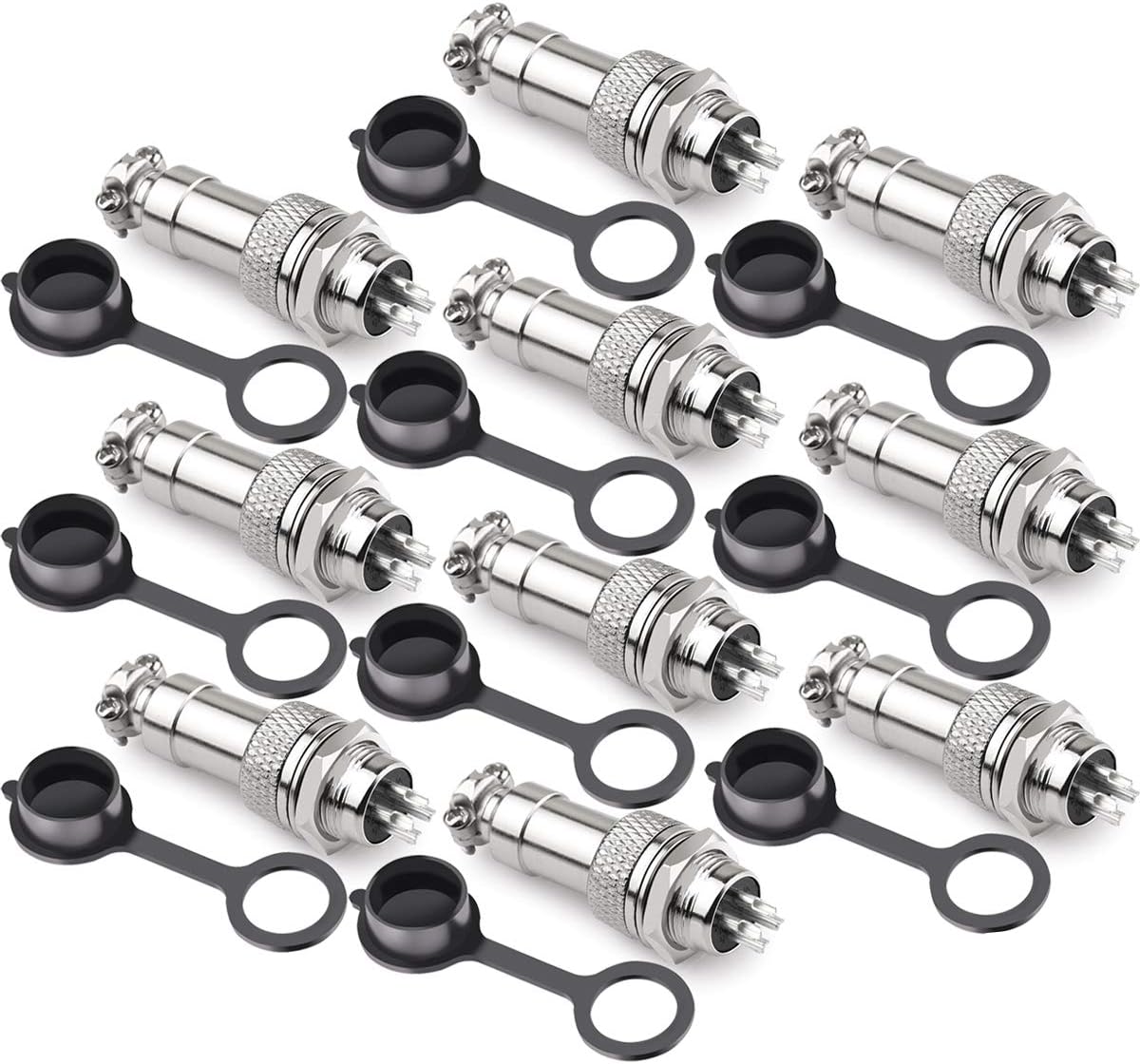 GX16 4 Pins Panel Metal Mount Circular Metal Aviation Connector Adapter Male Female Plug Socket with Waterproof Cap (10 Pcs)