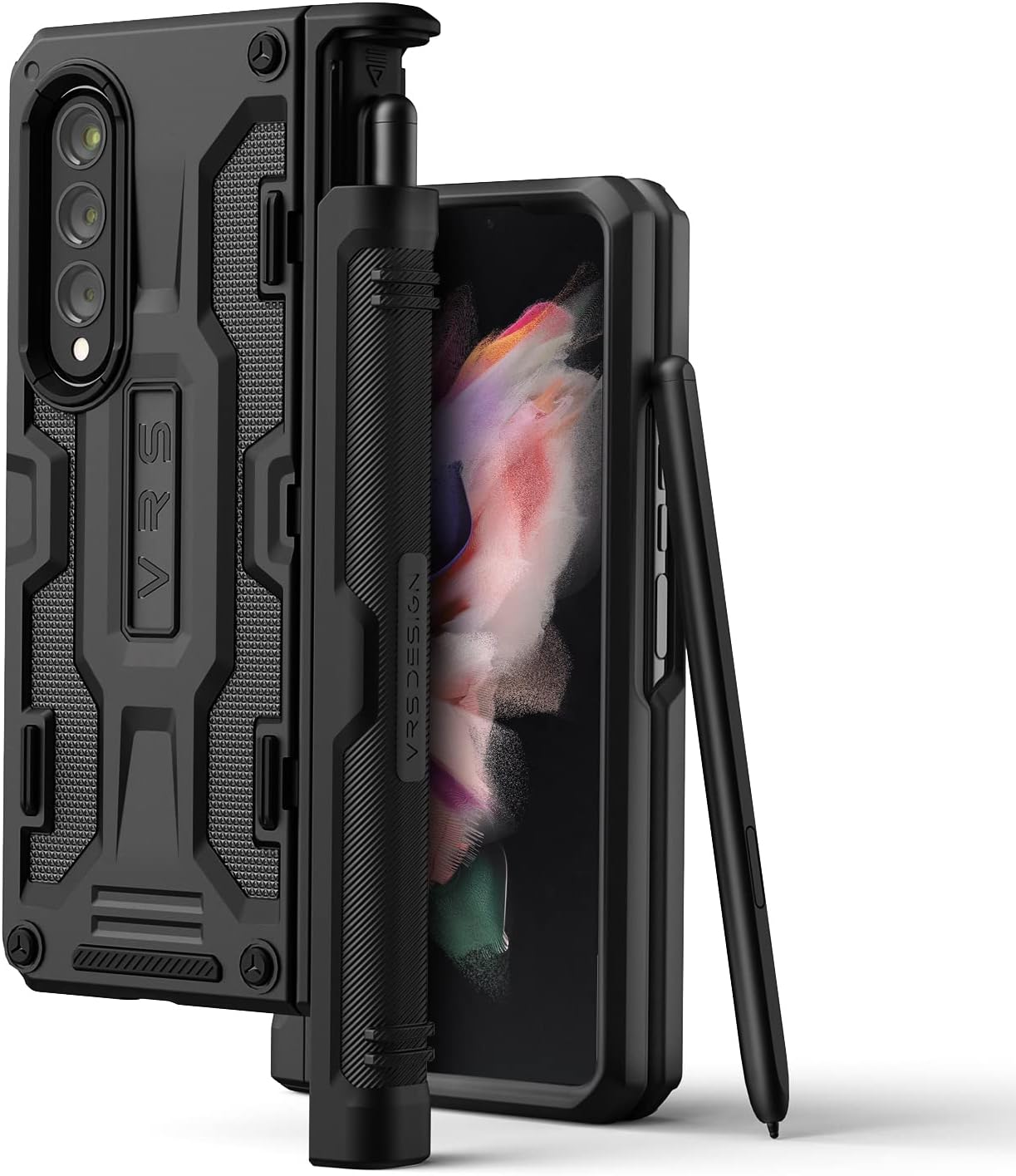 VRS Design Terra Guard S [S-Pen Compartment in Hinge Protection] designed for Samsung Galaxy Z Fold 3 5G case cover (2021) - Matte Black (S-Pen NOT included)