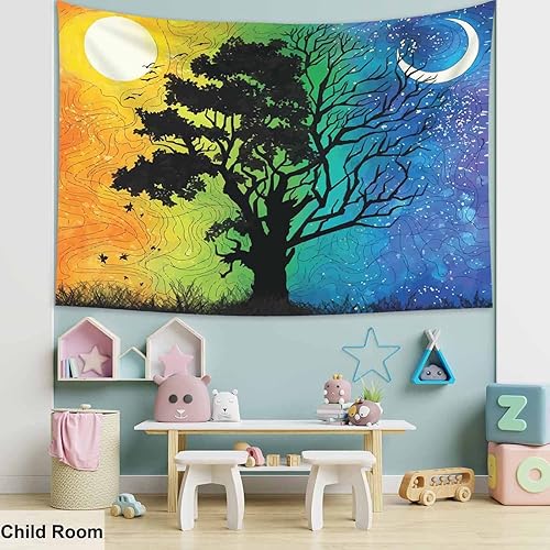 Miniatura 5 de Pznen Tapices de árbol de fantasía, manta de pared grande de 80 x 60 pulgadas, sol, luna, cielo nocturno estrellado, tapiz de árbol de hadas para