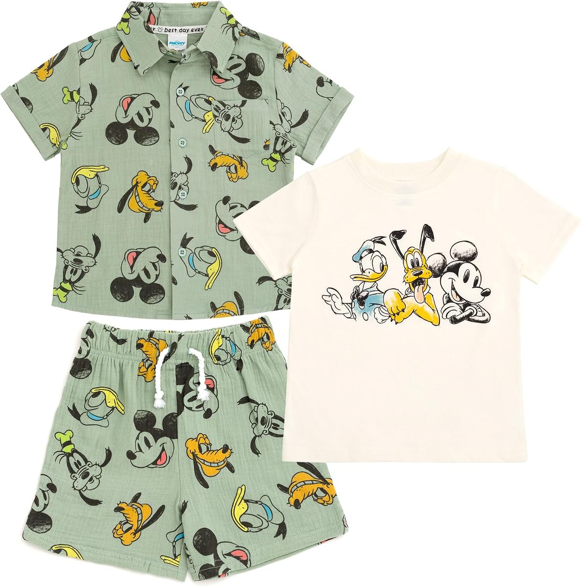 Mickey Mouse Cotton Gauze Button Down Shirt, T-Shirt & Shorts 3 Piece Set Infant to Little Kid Sizes (12 Months- 7-8)
