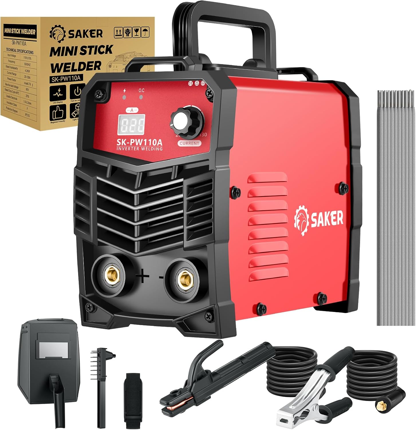 Saker Mini Stick Welder, 110V Portable Welding Machine, 20-130A Arc Welder with Smart LED Display, IGBT Inverter, Anti-Stick & Hot Start,Portable Stick Welder for Home & DIY