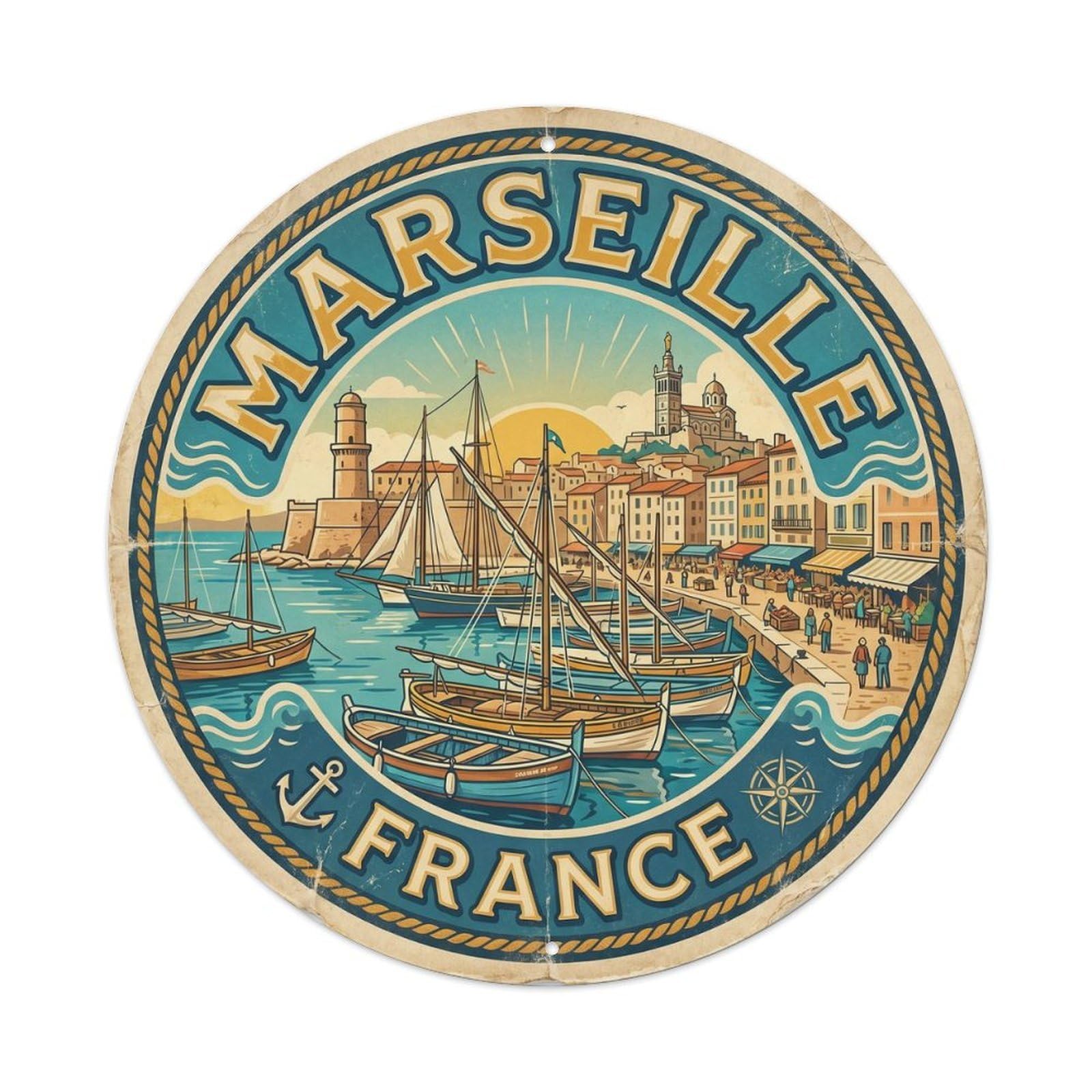 France Marseille Vintage Circle Vintage Metal Tin Sign Plaque Wall Decor for Cafe, Club Bar, Office, Garden Metal Poster 8x8Inch