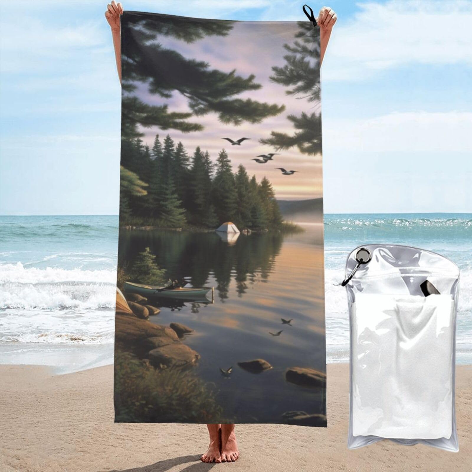 BWWHCCTI Camping Lake Printed Microfiber Quick Dry Beach Towel 80x160 CM, Fast Drying Bath Towels with Bags for Travel,Camping,Gym,Beach,Swimming,Yoga